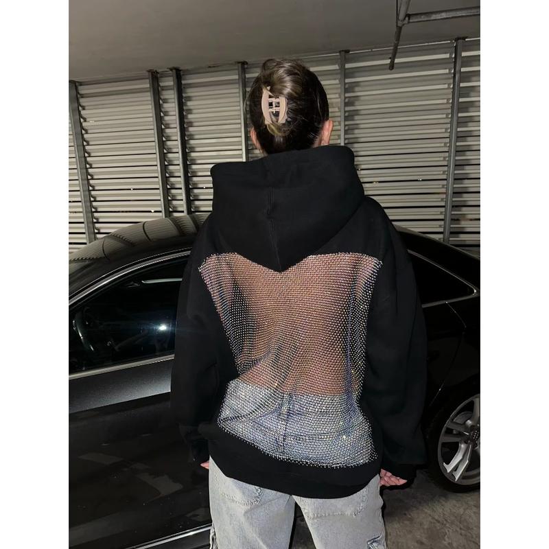 Women's Black Hoodie Open Back Mesh Cutout Edgy Streetwear Casual Party Night Comfortable Relaxed Fit Fashion Trendy Chic Top Sweatshirts Long Sleeve Floral Womenswear