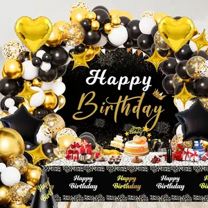 Black & Gold Birthday Decoration Set with Balloons, Backdrop, Tablecloth, and Cake Toppers