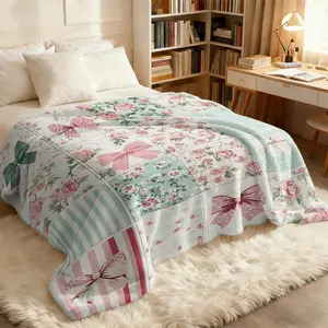 Shabby Chic Bow & Rose Flannel Throw Blanket, Coquette Floral Patchwork Print Blanket, Multi-use Ultra-Soft Lightweight Blanket for Bed Sofa Cover, Perfect Gift for Girls & Coquette Lovers