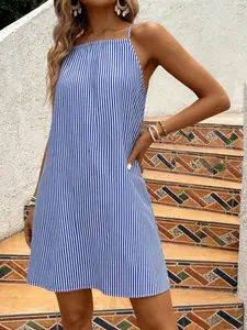 Women's Spring Summer Blue Striped Dress, Thin Shoulder Strap Back Bow Short Tank Top, Casual Fitted College Style, Womenswear