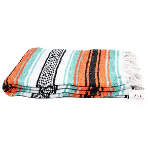 Mexican Blanket Mint & Orange | Lightweight Yoga Blanket | Falsa Style | Comfortable Acrylic-Cotton-Polyester Blend | Machine Washable | 72" x 48"