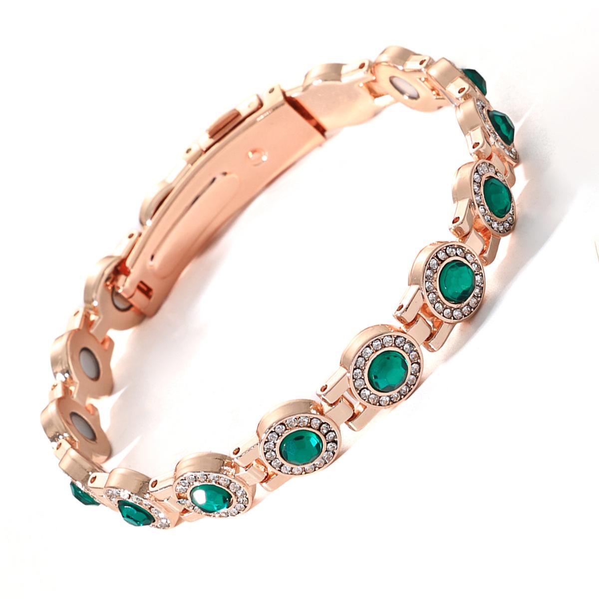 Stylish Single-Row Design: Round, Full-Diamond Magnetic Bracelet — Anti-Static Magnetic Therapy Bracelet | Rose Gold & Green Crystal | 3rd Generation Clasp Design