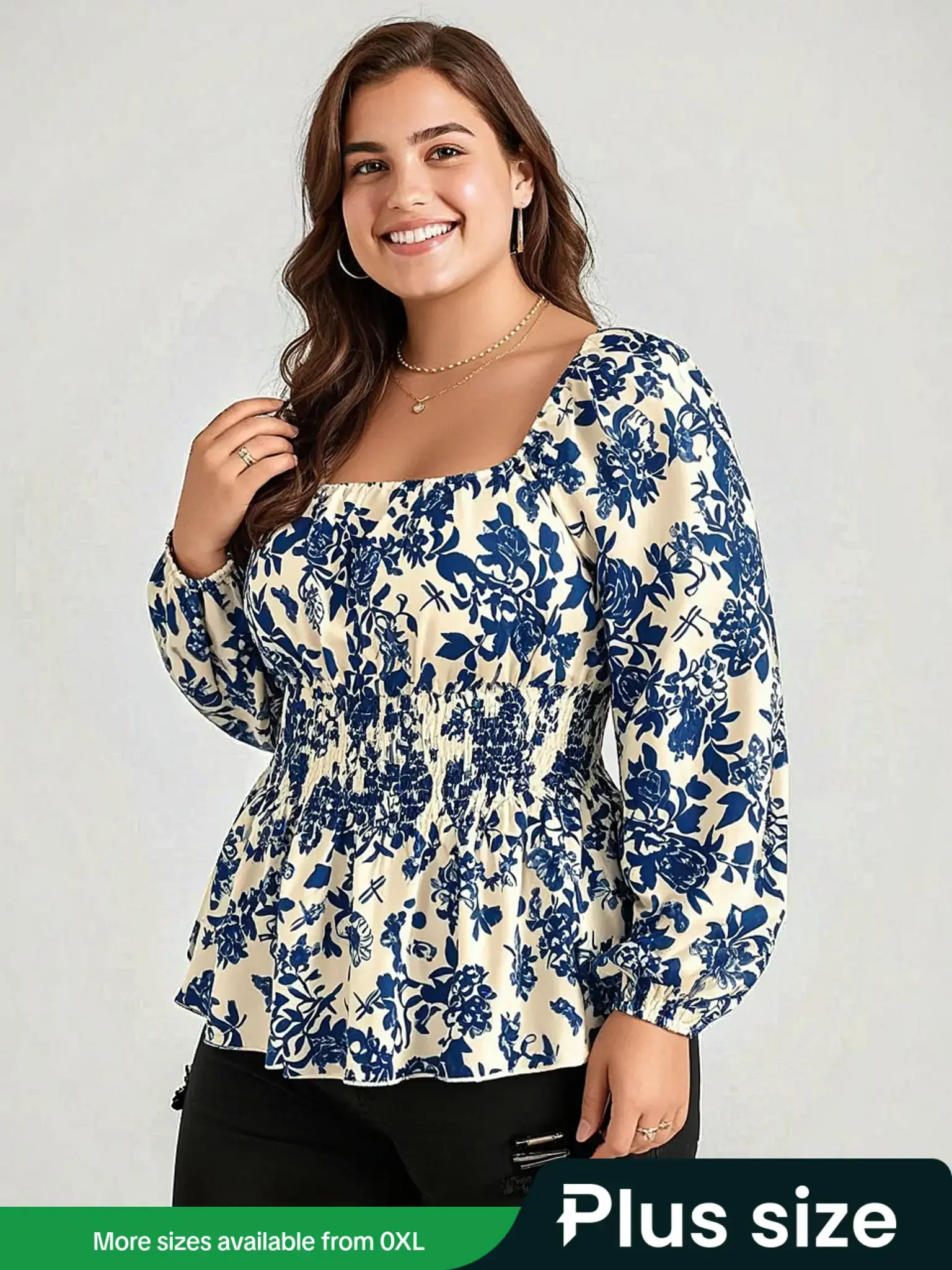 Women's Plus Size Feminine Floral Print Square Neck Lantern Sleeve Woven Fabric Fitted Blouse Shirt, Ruffle Hem Long Sleeve Top for Fall & Winter Fashion Blouse Tops