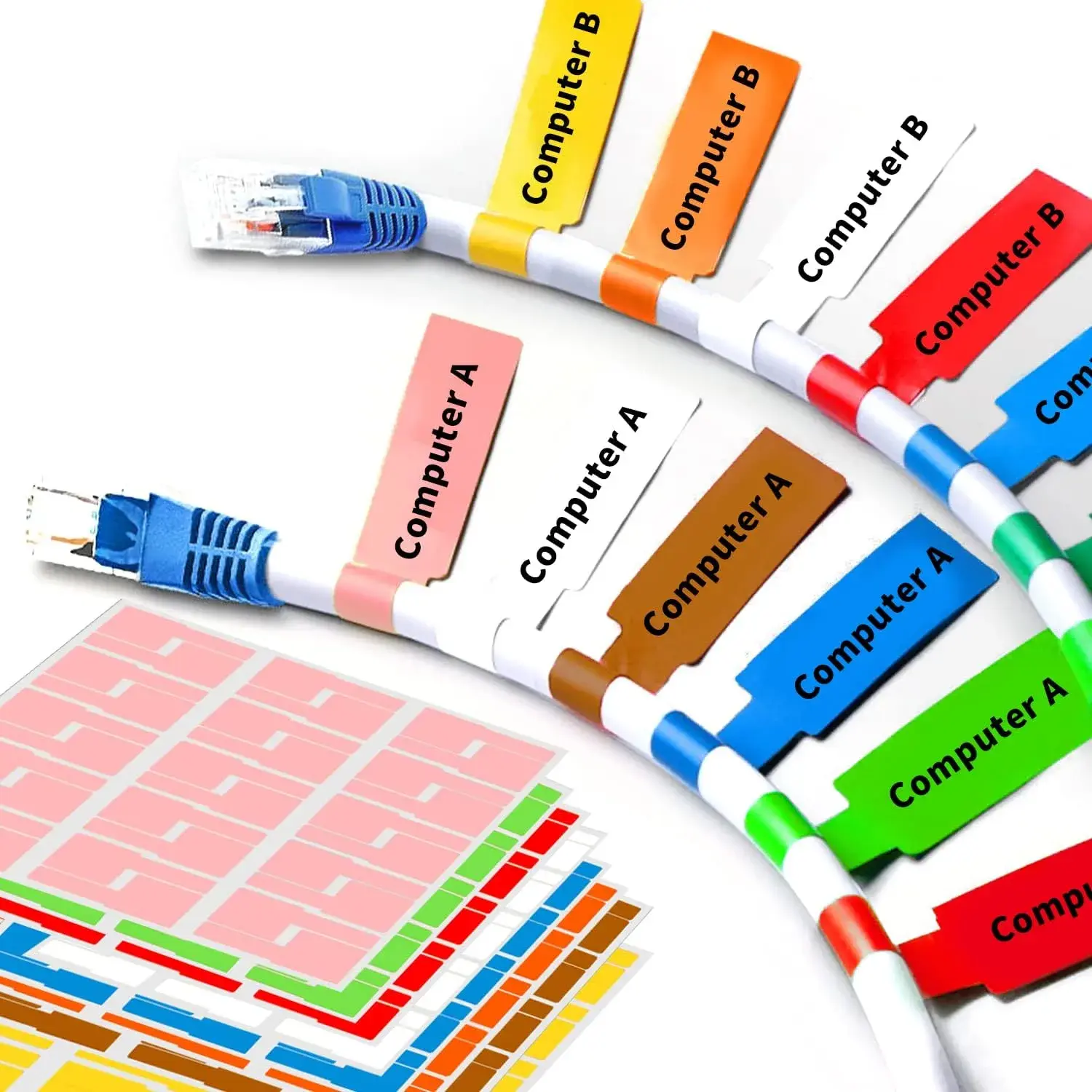 A4 Size 210 mm x 297 mm Cable Labels (8 Sheets/8 Colors, 240 Pcs) for Offices, Waterproof Self-Adhesive Tear-Resistant High Temperature Resistant Cord Tags for Electronics, Laser Printer, Handwriting