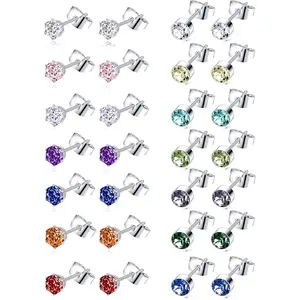 7-14 Pairs Stainless Steel CZ Stud Earrings for Women Multicolor Cubic Zirconia Cartilage Helix Earrings Set Screwback 4MM
