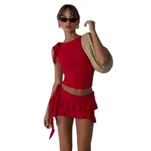 Sleeveless Round Neck Slim Vest Top & Miniskirt Two-piece Suit in Red Polyester Spandex Blend for Summer 2026 Street Trendy Womenswear - Fabric Halter Crop and Maxi Skirt Set