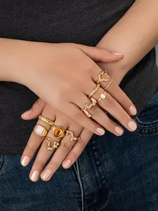 10pcs Vintage Luxe Bone Gemstone Ring Set, Multi-Layer Stackable Metal Rings, Sweet Cool Girl Accessories, Unique Jewelry Collection
