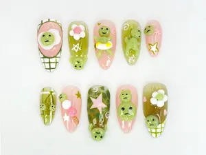 Kawaii Smiski-Inspired Press On Nails | Smiski-Inspired 3D Nails with Pink and Green Accents | Playful Smiski and Star Nail Set
