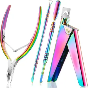 Acrylic Nail Clippers Kit False Nails Tips Cutter Professional Cuticle Trimmer Nipper Cutter Pusher Remover Stainless Steel Manicure Pedicure Art Tools Set Salon Home(Rainbow Color)