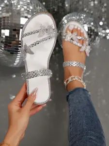 Women's Rhinestone Bow Sandals, Summer Fall Fashion Shoes, Party Dating Streetwear, French Style Slip-Ons, Footwear