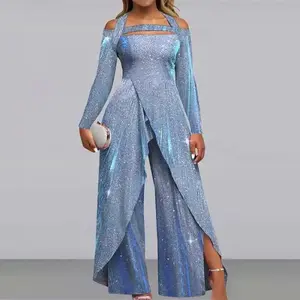 Sexy Sequin Long Dress with Slanted Front, Mid-Waist, Elegant Commuter Jumpsuit