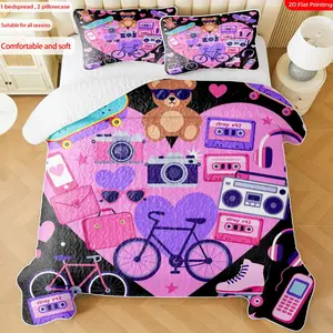 3pcs, 2D flat print retro 90s themed bed cover set with teddy bear, camera, skateboard patterns, multiple sizes available, bedding set, festive decorative bedding, ideal for bedroom décor(1 bedspread , 2 pillowcase)