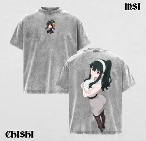 Yor Forger Oversized Washed Tee – Vintage Grey Streetwear, Dark Femme Anime Graphic Shirt, Soft Assassin Aesthetic