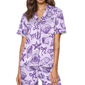 Seashell Summer Satin Pajama Set, Women’s Beach Theme Sleepwear, Purple Sea-Inspired 2-Piece Satin PJs, Coastal Gift for Her Fabric Loungewear