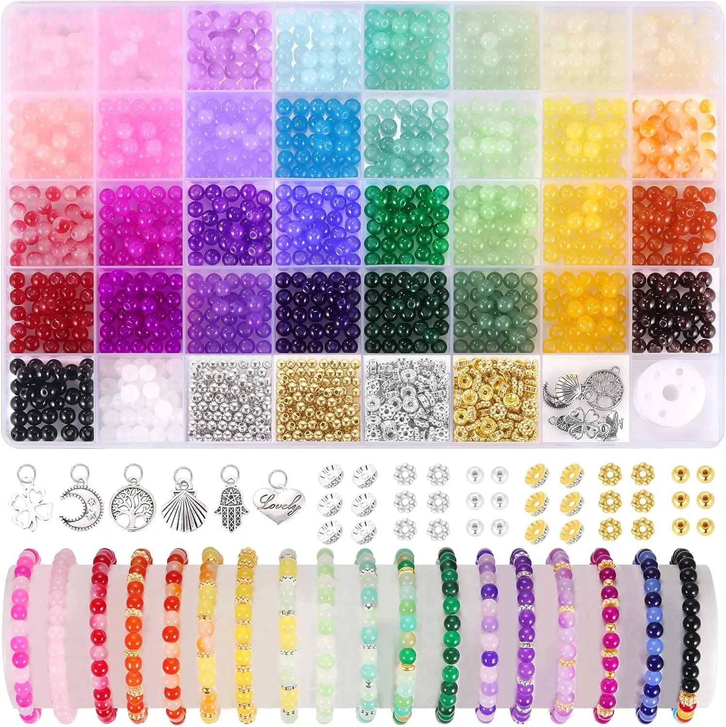 1368pcs 6mm Glass Beads for Bracelets, 34 Colors Crystal Beads for Jewelry Making, Round Glass Beads for DIY Earrings Necklace Crafts with Spacer Beads and Charms, Solid and Gradient Colors