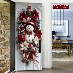 Christmas Snowman Flower Door Hanging Art, Beautiful Christmas Decoration, 2 Count Door Stickers, Easy Apply Peel and Stick