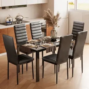 [2 Packages Shipping]Modern Dining Table  For 6, 7 Piece Glass Dining Table  With PU Leather Chairs, Kitchen Table And Chairs  For Home, Dining Room White Door Wardrobe Set
