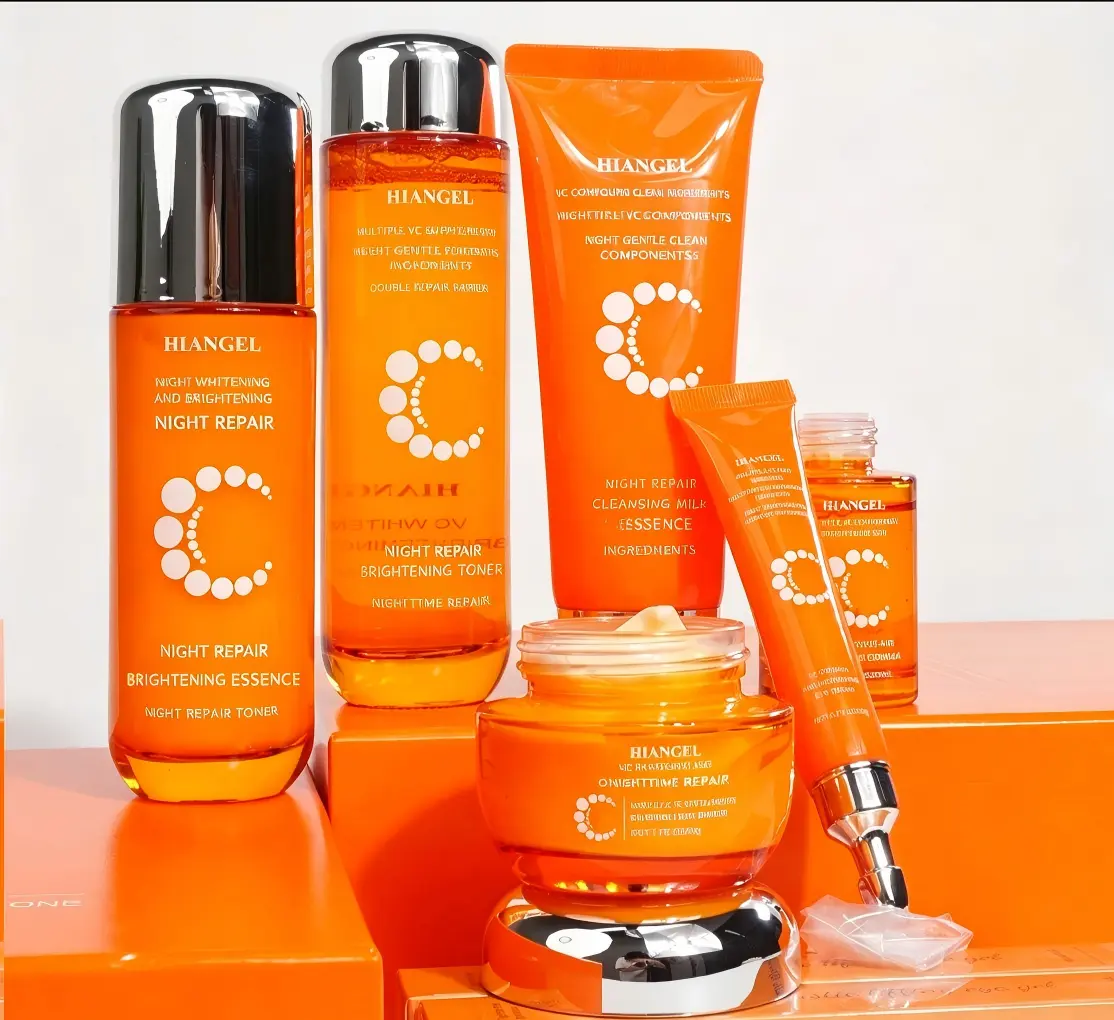 Night Repair Vitamin C Skincare Set 6PC – Overnight Glow Brightening Kit for Dull Skin, Cleanser Toner Lotion Essence Eye Cream Face Cream