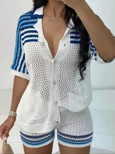 Women's Casual Loose Striped Hollow Out Short Sleeve Jacket with Pockets, Button Front Knit Top & Shorts Set, Womenswear Spring & Fall Fashion Outfit