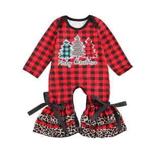 Ma&Baby 0-24 Months Baby Christmas Outfit Newborn Girls Long Sleeve Plaid Ruffle Jumpsuit Merry Christmas Romper Bodysuit