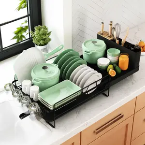 Black Extendable Dish Drying Rack for Kitchen Countertop, Dish Drainer with Utensil Holder, Cup & Bowl Rack