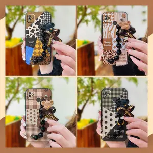 cute Bear bracelet Phone Case For Tecno POP5 GO Dirt-resistant Back Cover Anti-knock soft case Simplicity Skin-friendly feel Cartoon silicone protective case Black pearl pendant