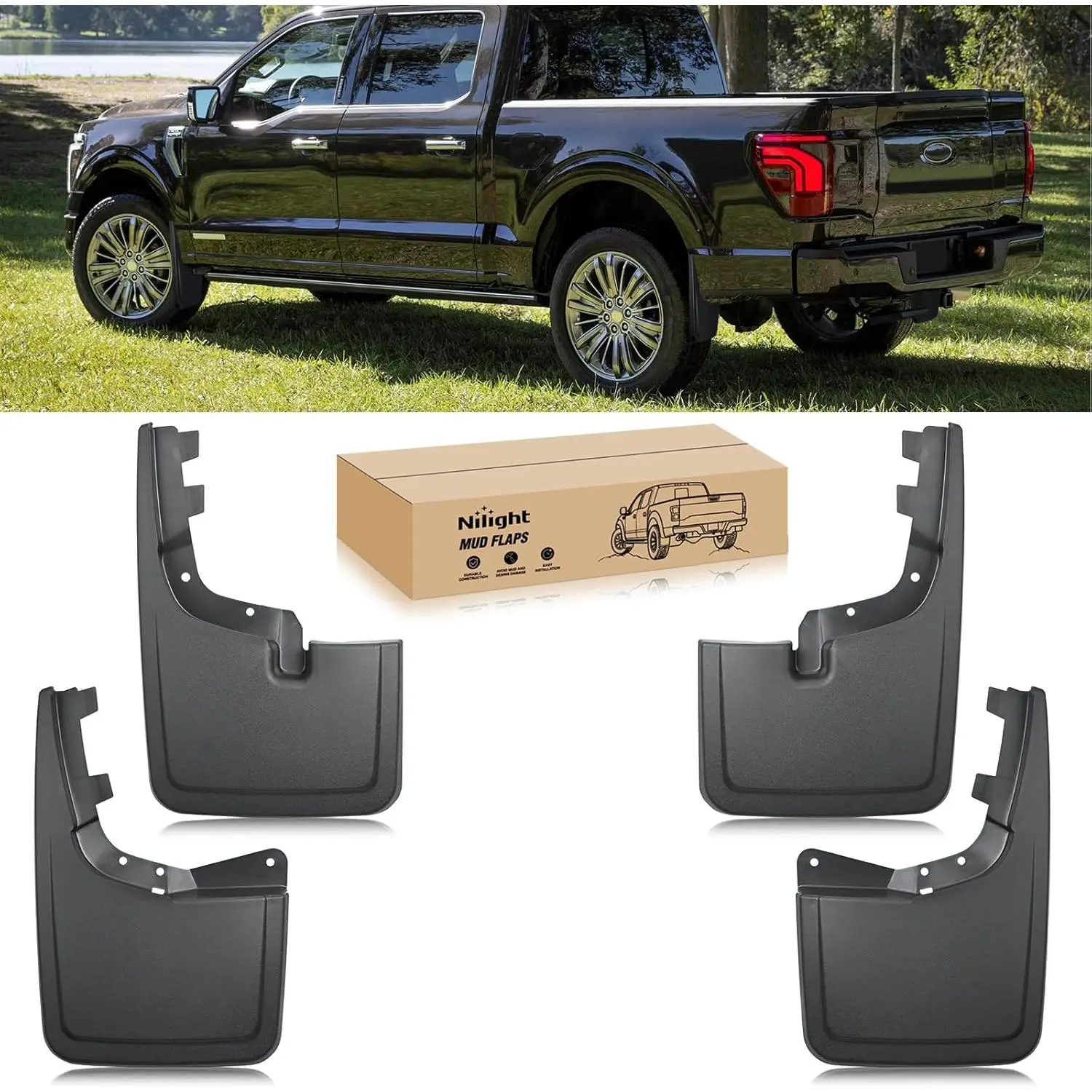Nilight Mud Flaps for Ford F150 2021-2025, Front & Rear Black Heavy-Duty Splash Guards, No Drilling Quick Install Laser-Scanned Precision Fit Truck Accessories Aftermarket Truck Accessories Exterior Automotive Parts, Polypropylene, Modern, 24/7 Customer S