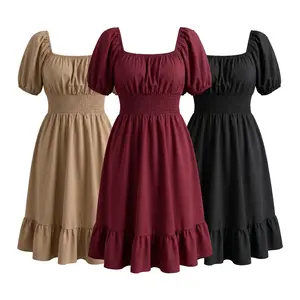 Women's Plain Ruffle Hem Shirred A Line Dress, Casual Fashion Dress, Casual Puff Sleeve Square Neck Knee Length Dress for Summer, Women's Clothing for Daily Wear