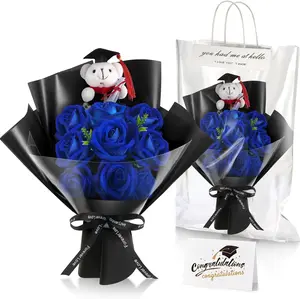 3 count Graduation Bear Flower Bouquet Set Includes Artificial Roses Flower Bouquet Mini Plush Bear with Grad Cap Greeting Card  Bag for 2025 Graduation Party Favors Supplies(Blue)
