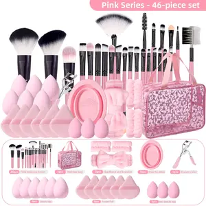 46-Piece Makeup Brush Set with Bag, Soft Bristles, Beauty Sponge, Powder Puff, Face Cleansing Pad, Multifunctional Cosmetic Tool Kit for Beginners