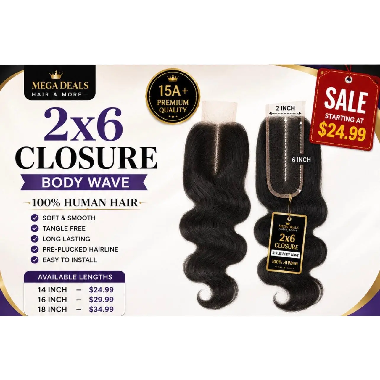 2x6 HD Lace Closure – 100% Human Hair | Straight & Body Wave | 14”-18”