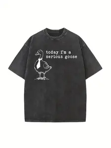 1pc, 230g Washed Cotton Retro T-Shirt with "Today I'm a Serious Goose" Print, High-Quality Wax Printed Casual Streetwear, Regular Fit, Round Neck, All-Season Comfort, Machine Washable, Perfect Holiday Gift for Adults