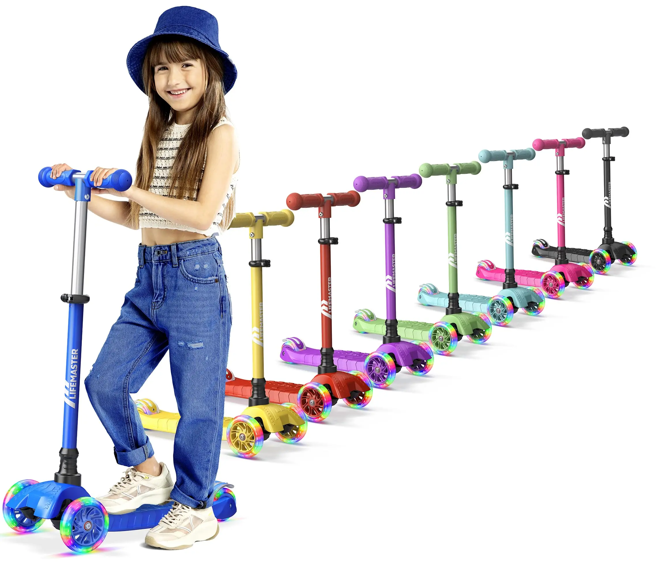 Lifemaster Mini 3-Wheel Kids Scooter with Multi-Color Wheel Lights – 4-Height Adjustable Handlebar, Wide Anti-Slip Deck, Child Safety Certified, Boys & Girls Ages 2+ Supports Up to 110 lbs ,Blue