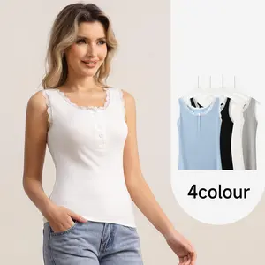 Women's Ribbed Lace Trim Tank Top | Sweet Coquette Aesthetic Henley V-Neck Cami | Sleeveless Button Front Slim Fit Sleepwear | Soft Breathable Loungewear Undershirt | Trendy Y2K Basic Rib-Knit Camisole for Everyday Wear Multi-Color Essentials