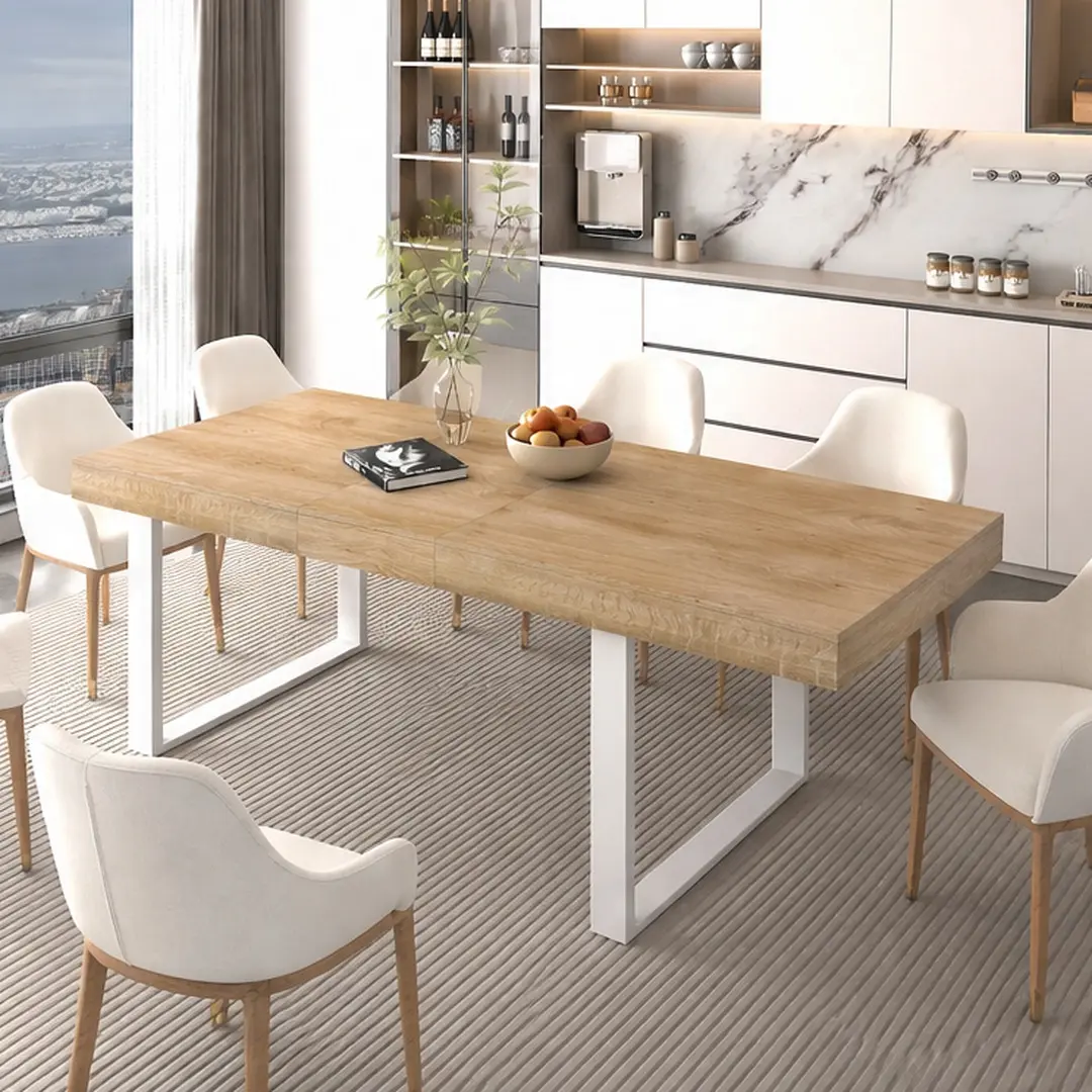 ARCH Extendable Dining Room Table for 6-10 People, Modern Farmhouse Wooden Kitchen Expanding Table, 63-78.7 Inch Long Large Expandable Dining Table, White+Oak Particle Board, Waterproof Scratch Resistant, Easy Clean, for Dining Room Conference Office