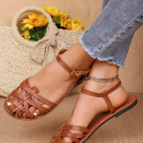 Women's New PU Leather Roman Sandals, Breathable Cross-Weave Hollow Design, Toe Protection, Casual Style Low-Top Shoes for All Seasons, Fashionable Casual Sandals