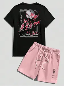 Men's Sakura Moonlight Print Loose T-Shirt & Shorts Set, Japanese Street Style, Simple Tokyo Aesthetic, Casual Beach Wear