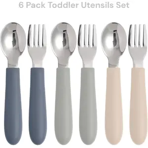 6 Pack Toddler Utensils Set, Kids Stainless Steel Forks & Spoons with Silicone Handle Mother Gift Birthday Gift