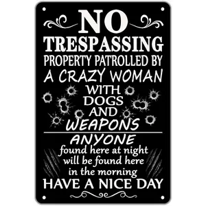 Funny No Trespassing Signs Private Property No Soliciting Yard Sign Beware Of Dog Warning Metal Tin Signs For House Door Home Protected Sign 8'' X 12''