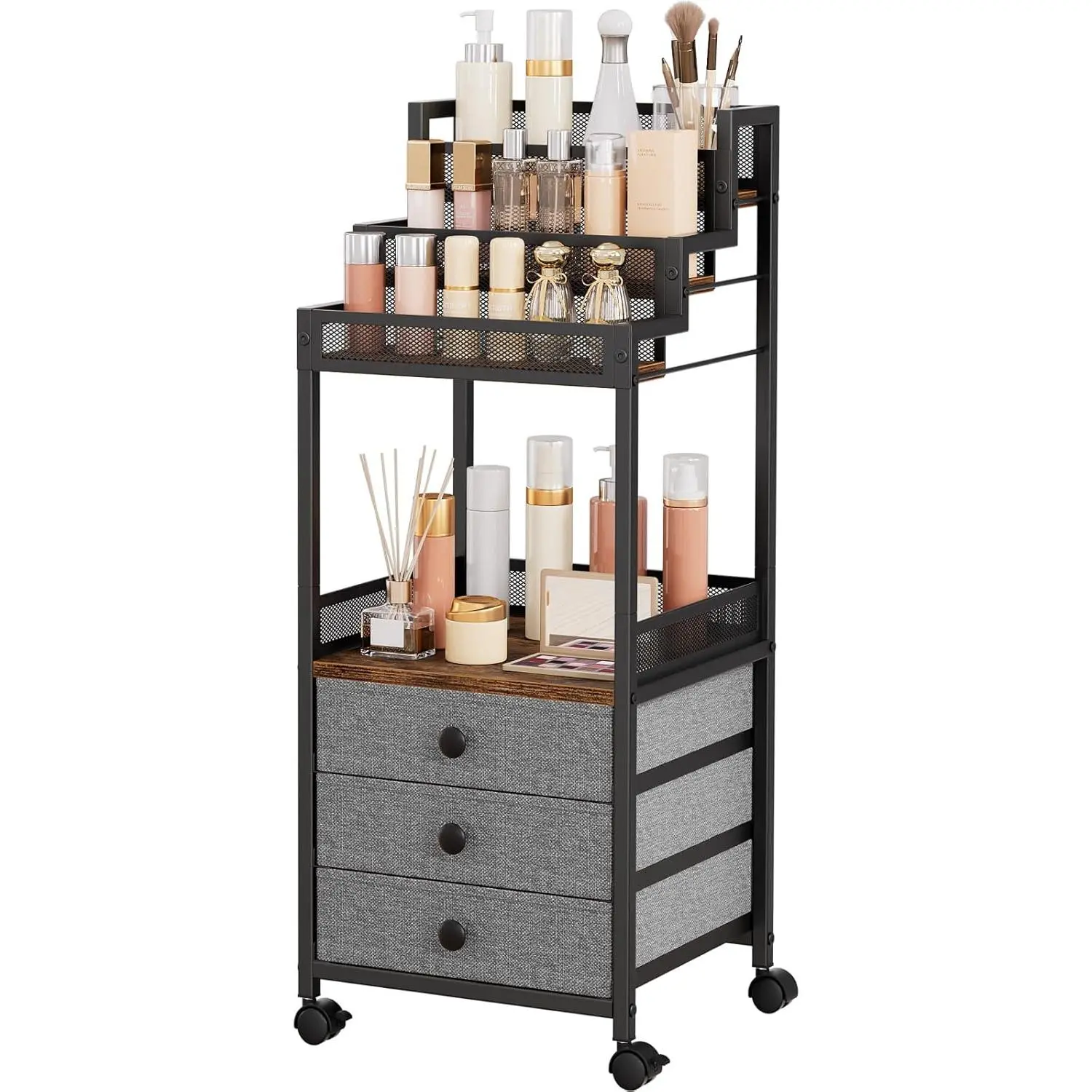 Display Riser Stand Perfume Cologne Organizer, 13in Rolling Makeup Storage Cart with Fabric Drawers, Floor   Display Cases for  Care  Polish Figures Rustic Brown