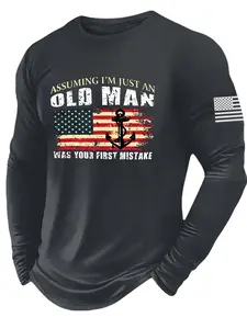 Men's Printed Round Neck Long Sleeve T-Shirt, American Vintage Military Style, Casual Daily Wear, Spring & Fall