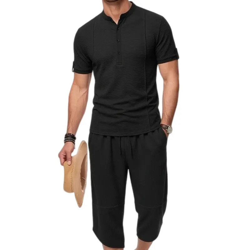 Men's Summer Contrast Trim Henley Short Sleeve Outfit Set, Half Button Placket Short Sleeve Top, Elastic Drawstring Waist Cropped Jogger Pants, Soft Breathable 2-Piece Matching Set For Daily & Loungewear # SummerVibes
