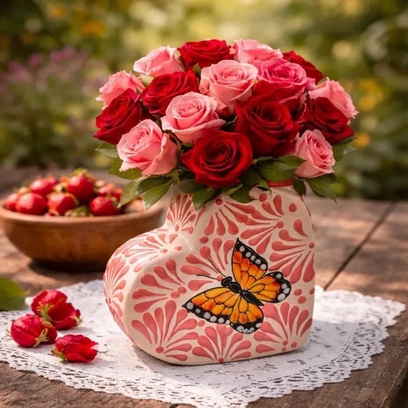 Heart Shaped Flower Vase With Butterfly Print - Perfect for Home Decor and Gift Giving
