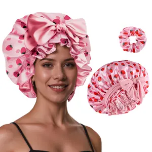 2PCS Silk Bonnet for Sleeping Women,  Printed Satin Hair Shower Cap 2025 Tie Band Adjustable Straps Head Wrap for Curly Hair