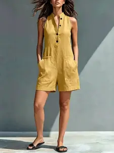 Women's Sleeveless Romper, Lightweight Summer Fashion Button Pocket Design, Comfortable and Stylish Casual Wear, Perfect for Relaxing