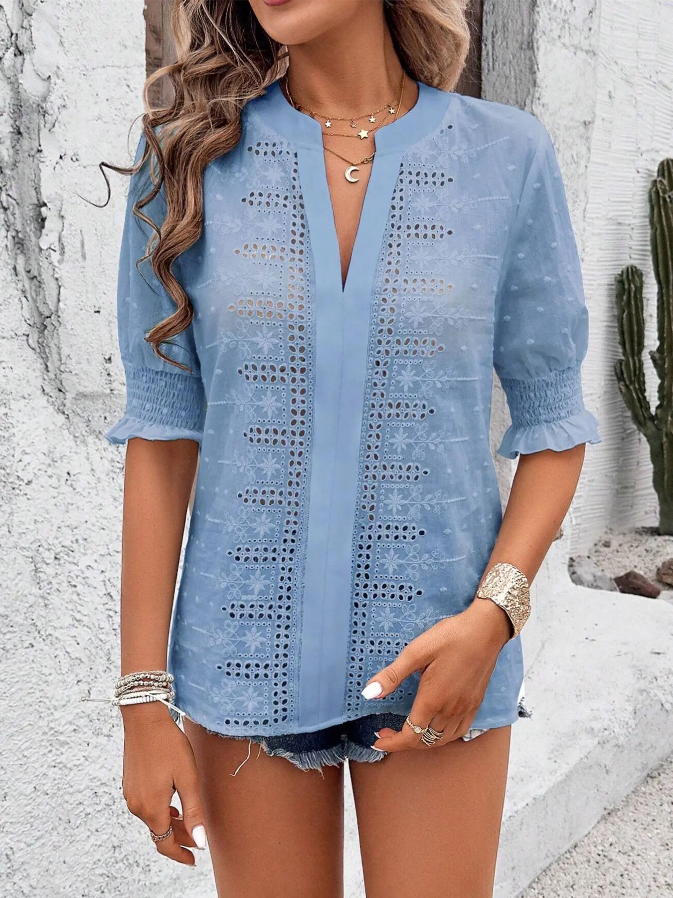 A women's casual and fashionable solid color V-neck bubble sleeve with hollowed out wool ball lace fashionable versatile T-shirt top, Boho Clothing, suitable for summer, daily leisure, beach vacation, dating and gathering Blouses Womenswear