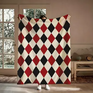 Red black diamond lattice  Pattern Flannel Soft Throw Blanket for Sofa, Bed, Couch, Warm & Comfortable Blanket for Home, Travel, Camping, Office, Flannel Throw Blankets