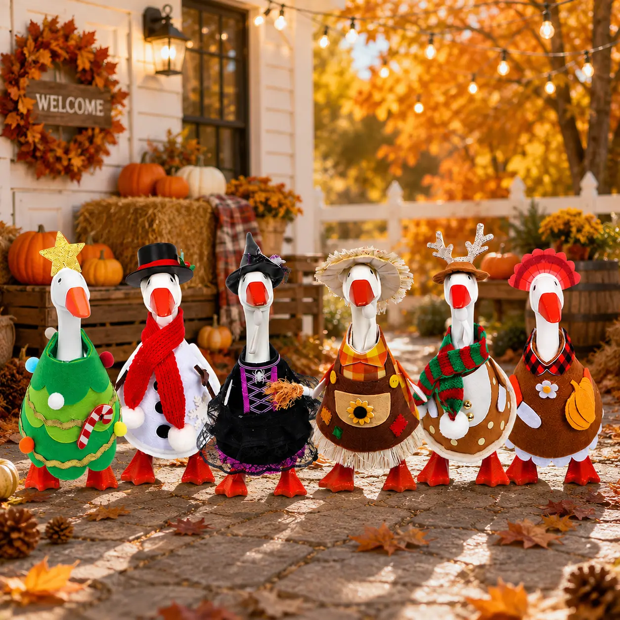 7 Inch Mini Magnetic Desk Goose Statue Detachable Knitted Felt Seasonal Outfit Set Holiday Costume Accessories Goose Key Holder Desktop Ornament for Halloween Thanksgiving Christmas Decor