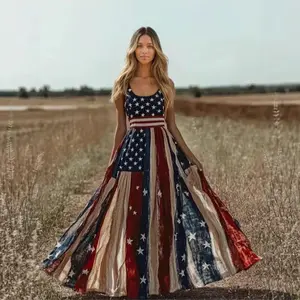 Women's Vintage Independence Day Patch Art Line Dress American Flag Floral Print Dresses Casual Polyester
