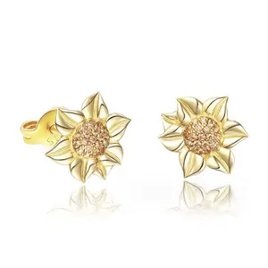 Cuafufu Sterling Silver Gold-Plated Sunflower Studs with AAA Cubic Zirconia, Hypoallergenic Nature-Inspired Jewelry for Women